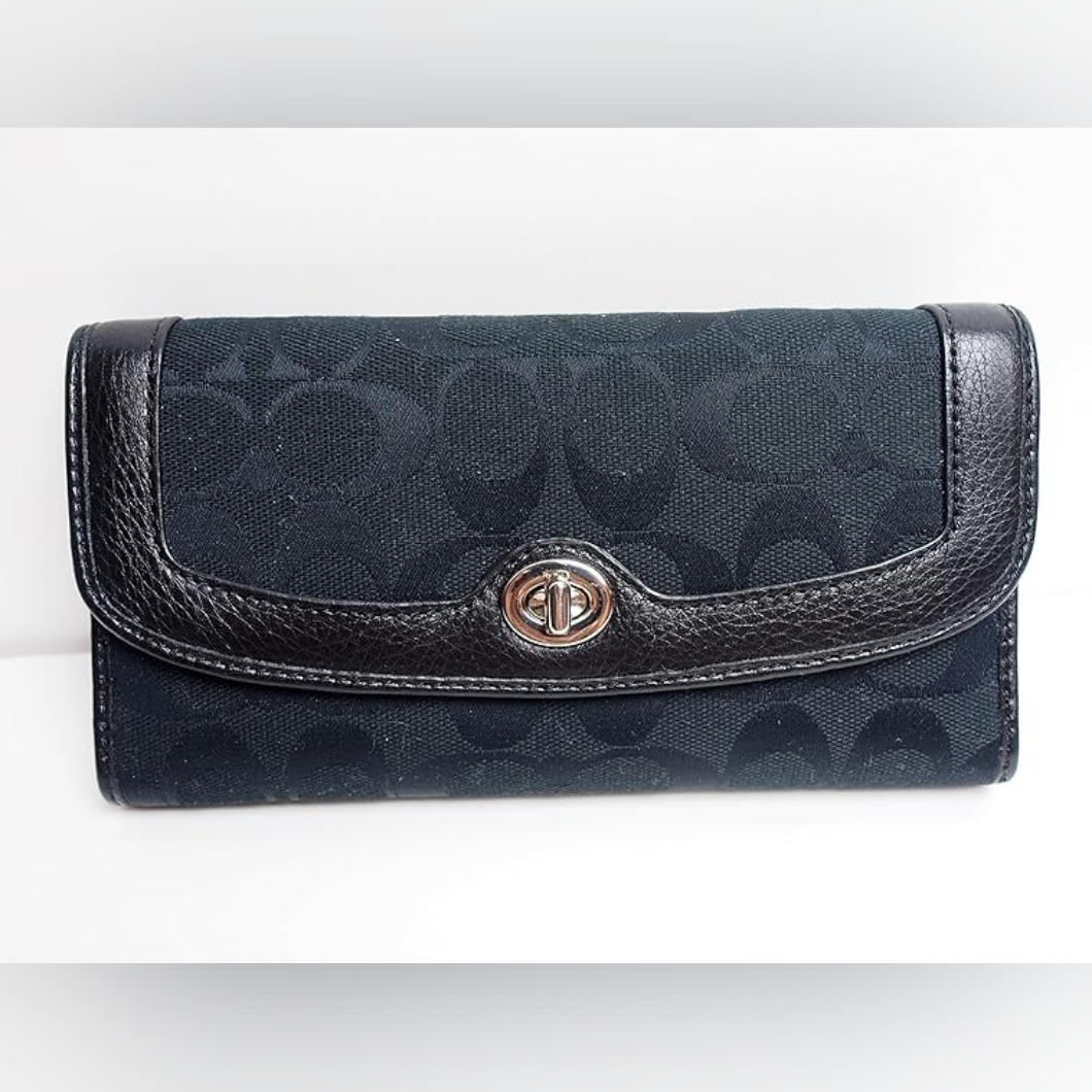Coach Designer Turnlock Park Signature Monogram Black Checkbook Wallet